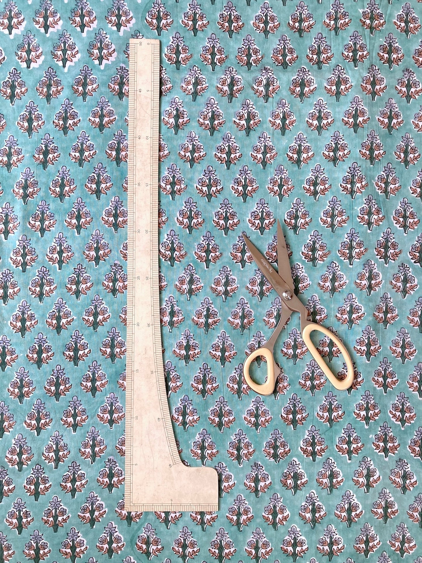 Hand Block Print Turquoise Floral Cotton Fabric #264-11
