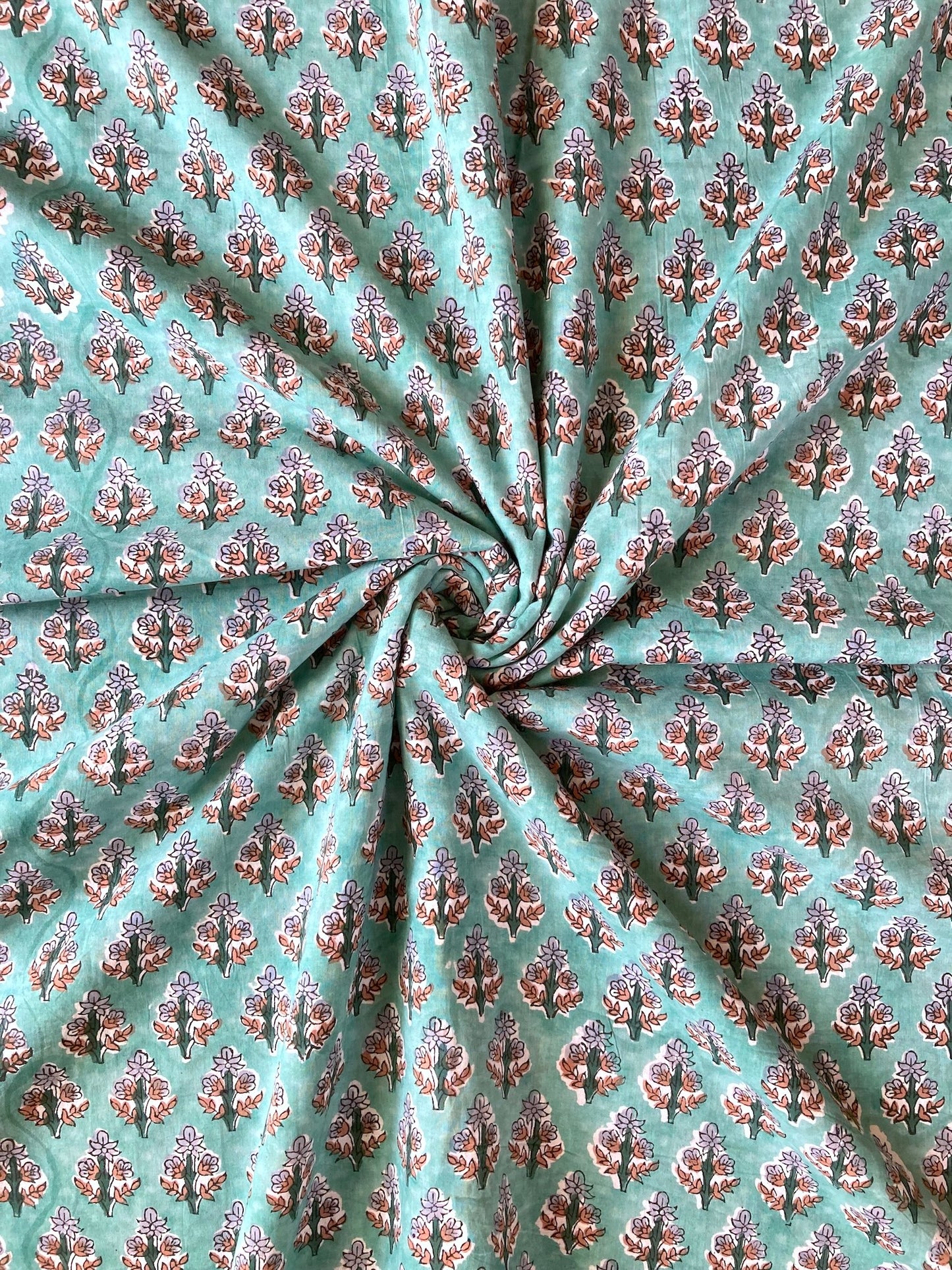 Hand Block Print Turquoise Floral Cotton Fabric #264-11