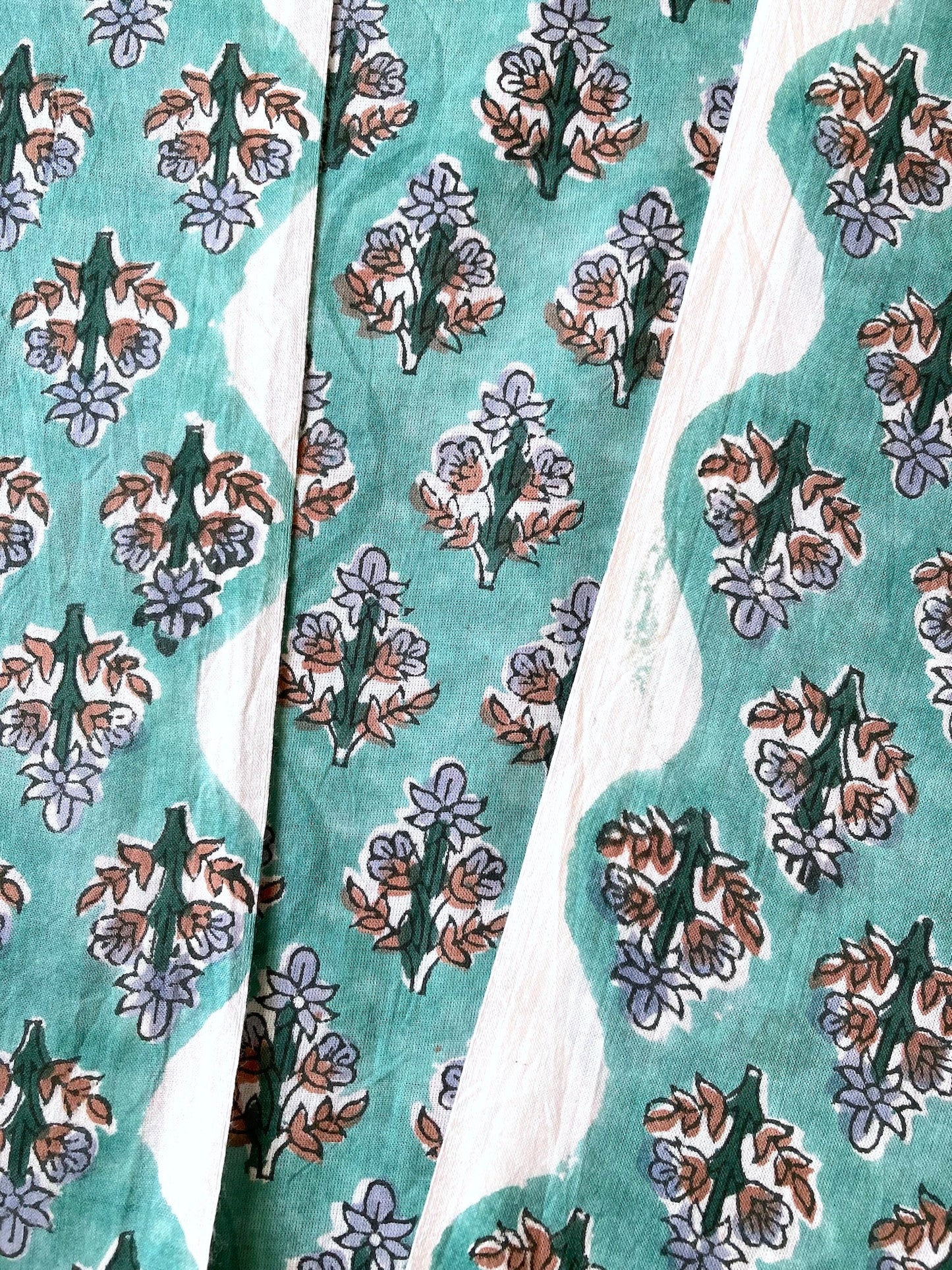 Hand Block Print Turquoise Floral Cotton Fabric #264-11