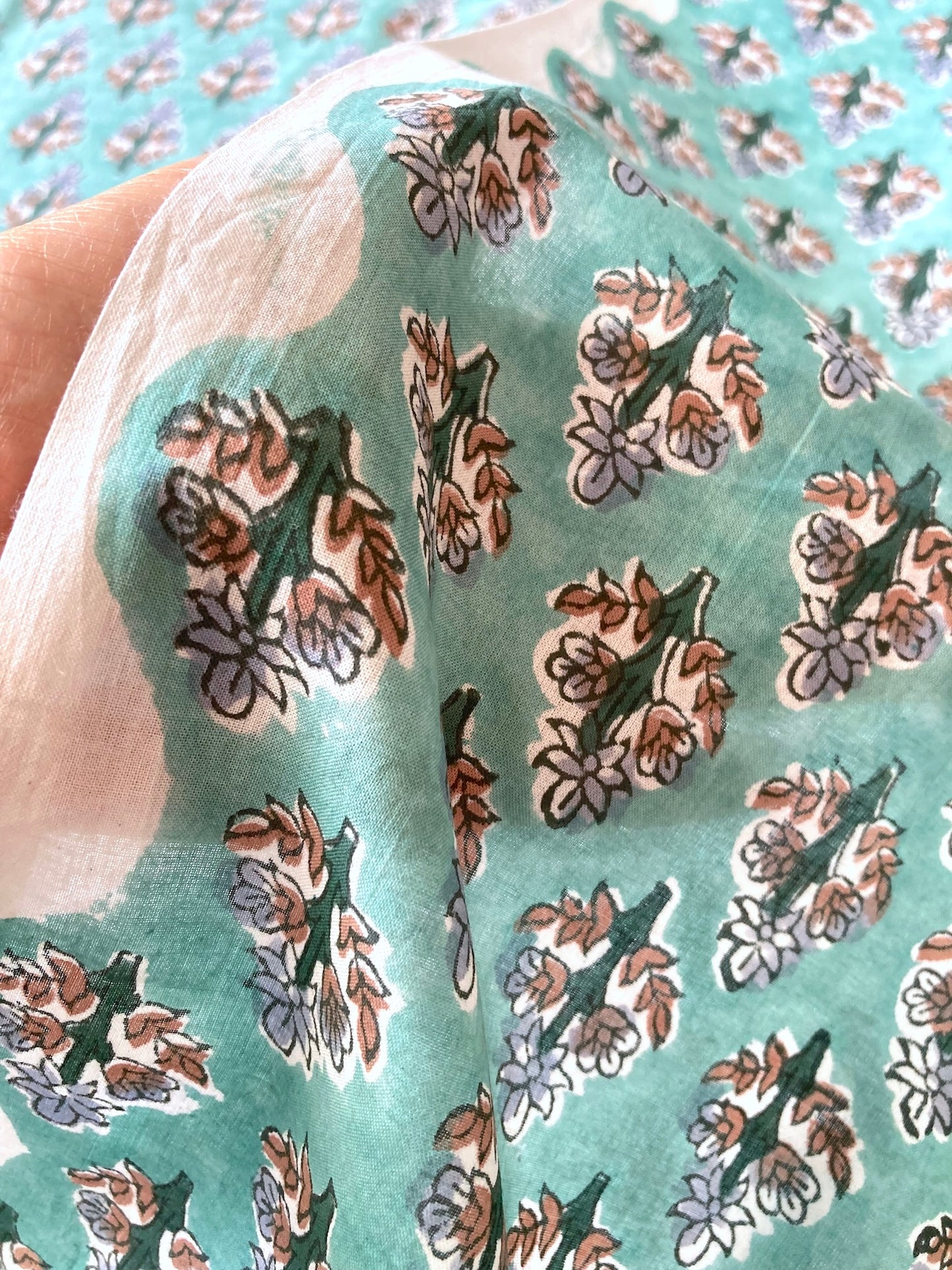 Hand Block Print Turquoise Floral Cotton Fabric #264-11
