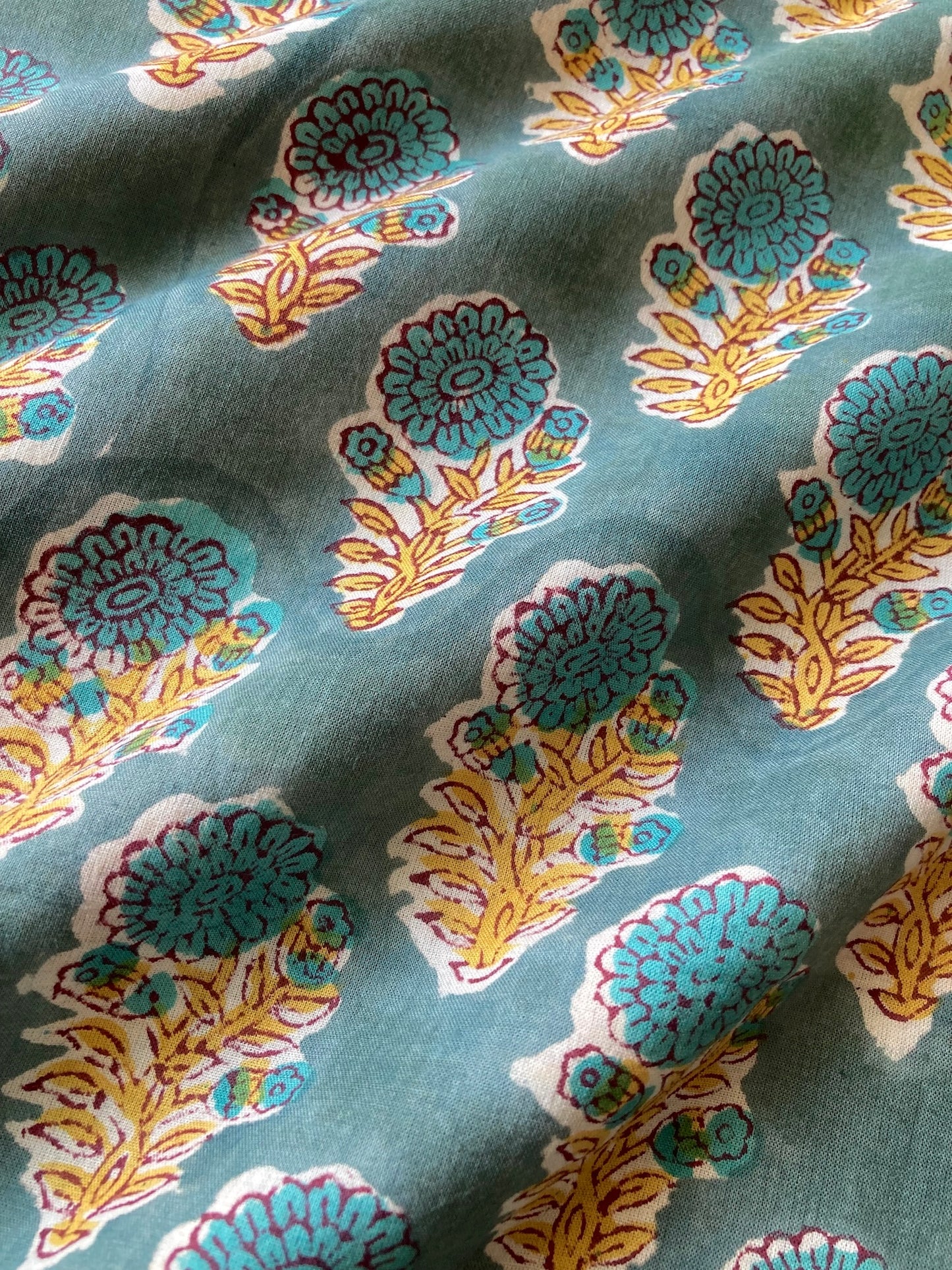 Hand Block Print Smoky Moss Green Floral Cotton Fabric #257-25