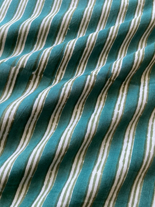 Hand Block Print Striped Green Cotton Fabric #273-9