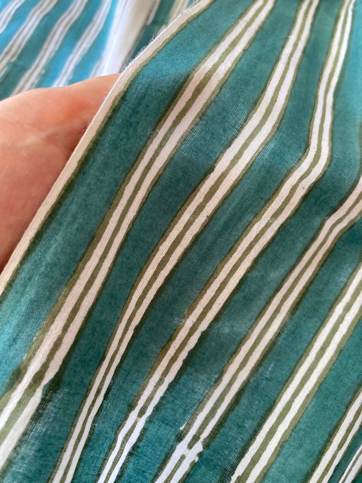 ハンドブロックプリント フォレストグリーンストライプ  コットン生地 #273-9