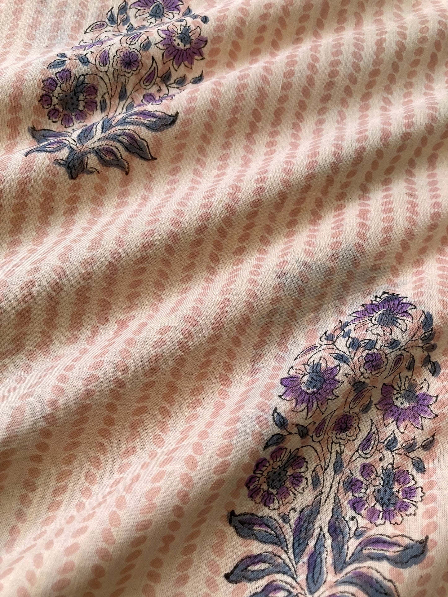 Hand Block Print Natural x Purple Floral Cotton Fabric #264-8