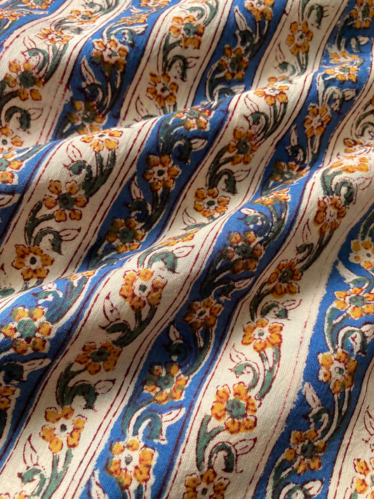 Hand Block Print Striped Floral Cotton Fabric  #272-11