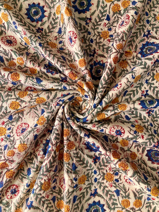 Hand Block Print Wheat Color Floral Cotton Fabric  #272-12