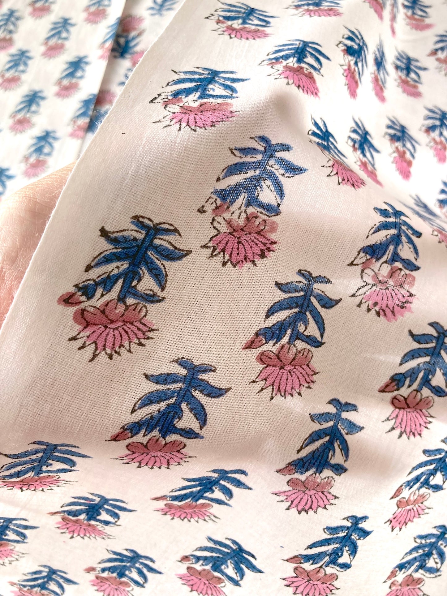 Hand Block Print White Floral Cotton Fabric #273-14