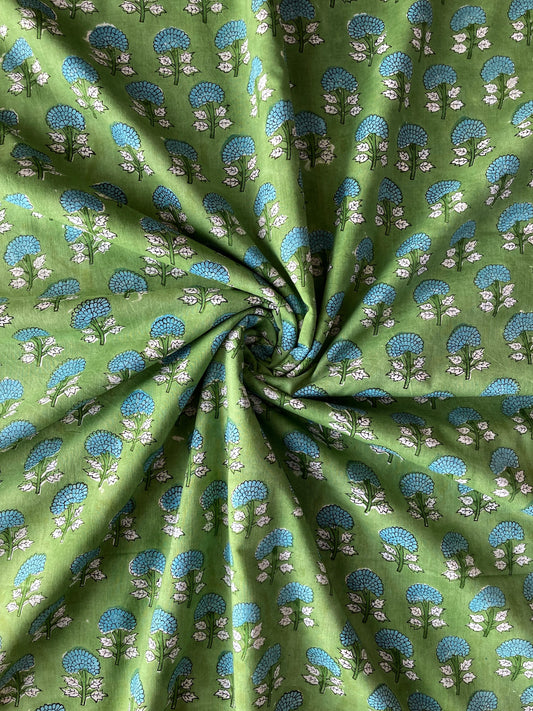 ハンドブロックプリント グリーン 花柄 コットンプリント生地  #287-17
