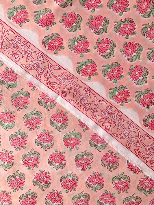 ハンドブロックプリント ピーチ ピンク 花柄 コットンプリント生地  #287-7