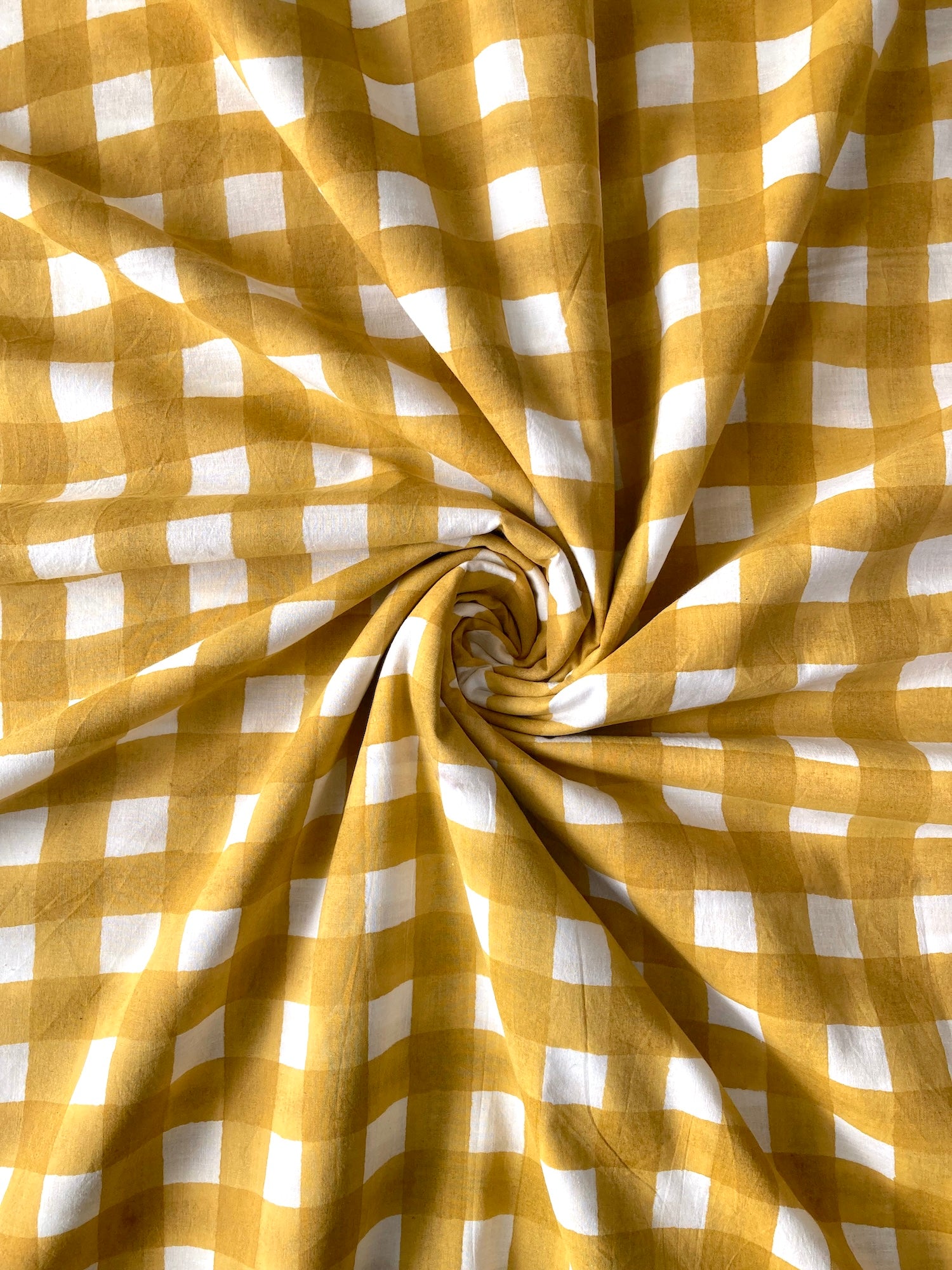 ハンドブロックプリント イエロー チェック 花柄 コットンプリント生地