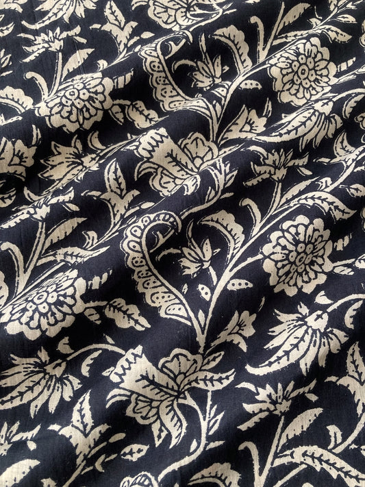 Hand Block Print Gray x Blue Floral Cotton Fabric #316-19