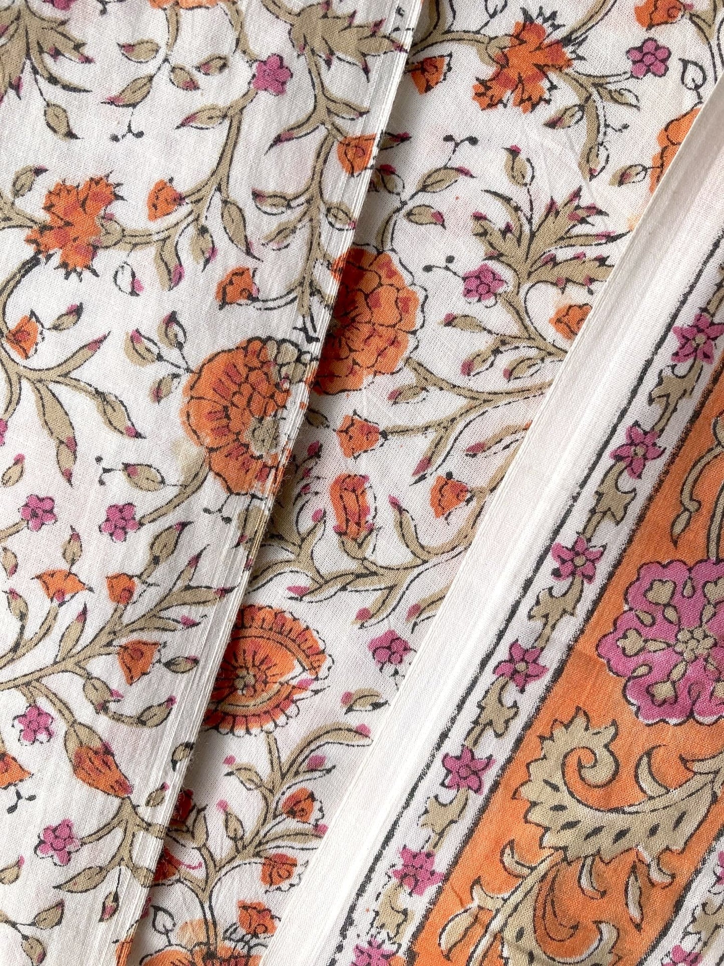 ハンドブロックプリント ホワイト オレンジ 花柄 コットンプリント生地 #296-3