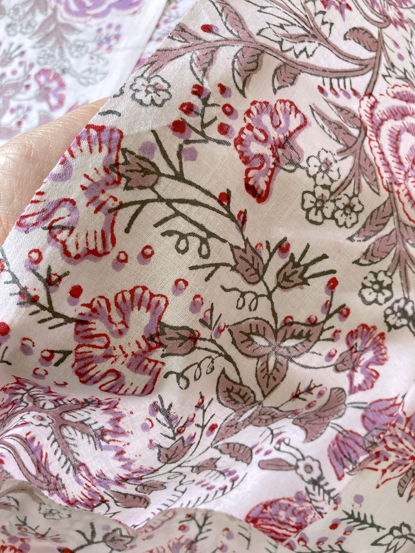Hand Block Print White x Purple Floral Cotton Fabric #298-3