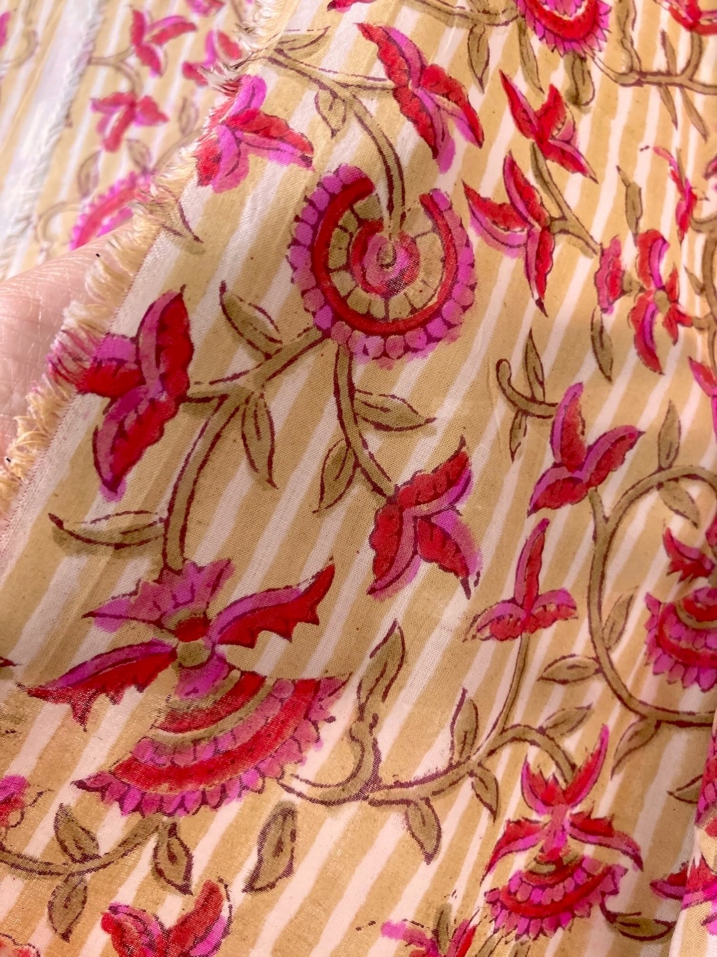 Hand Block Print Stripes x Floral Cotton Fabric #298-9
