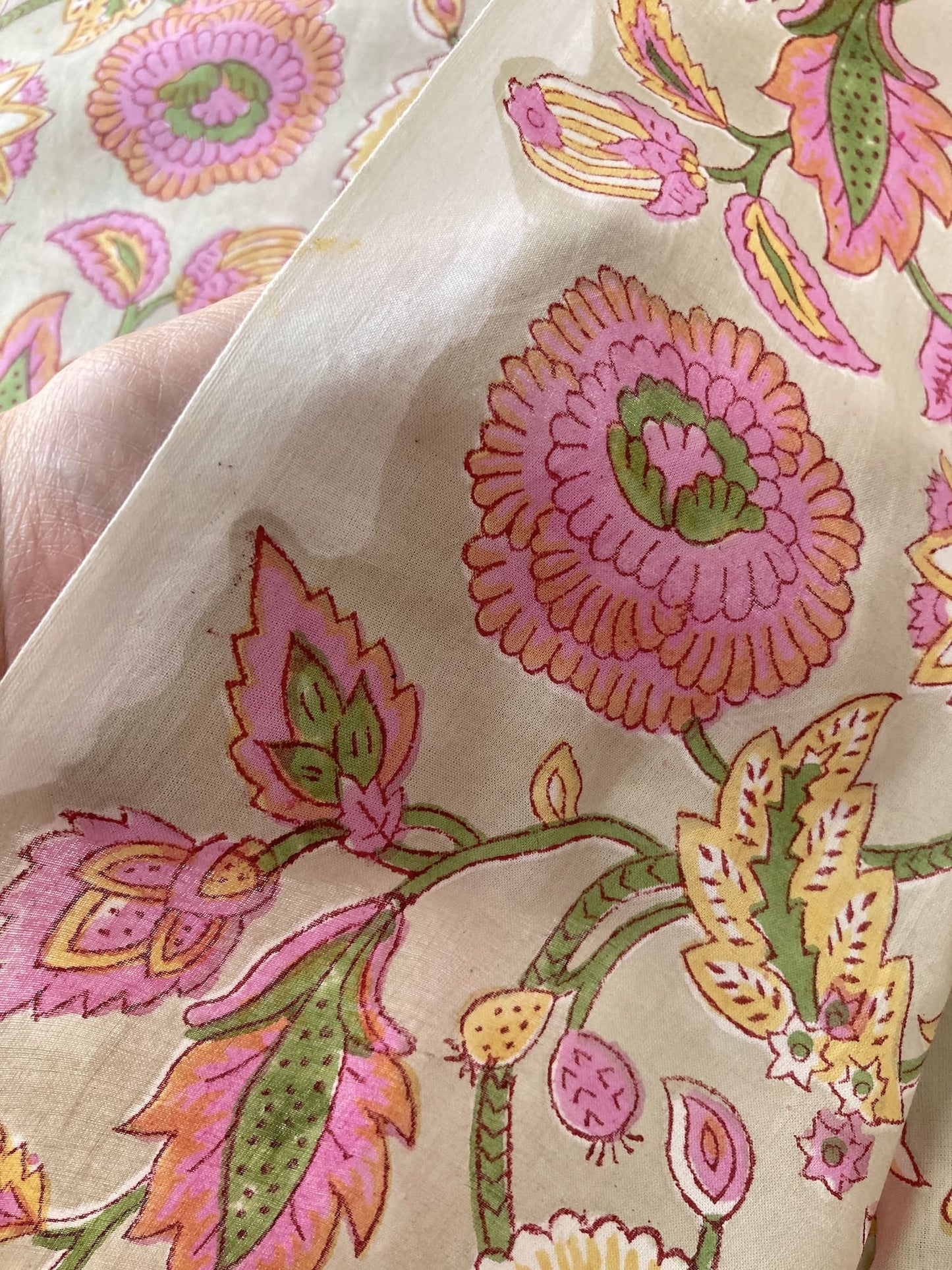 Hand Block Floral Print Sage x Pink Cotton Fabric #307-10