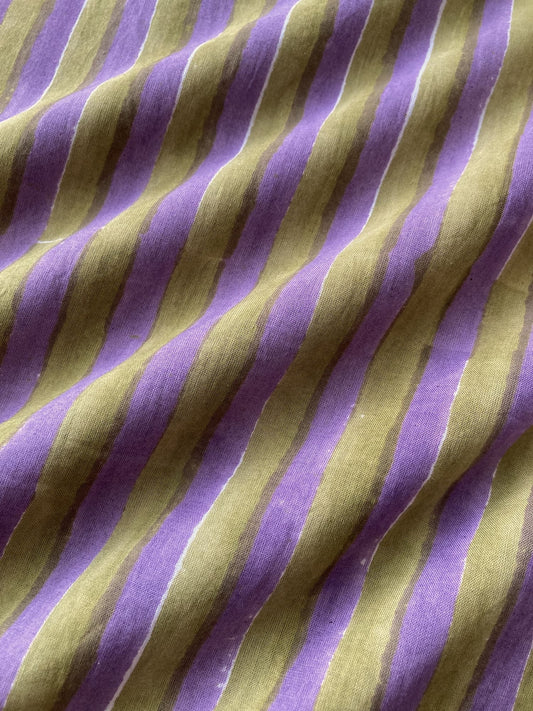 Hand Block Print Olive and Purple Stripes Cotton Fabric #307-11