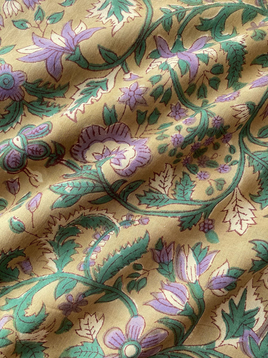Hand Block Print Floral Olive Cotton Fabric #307-12