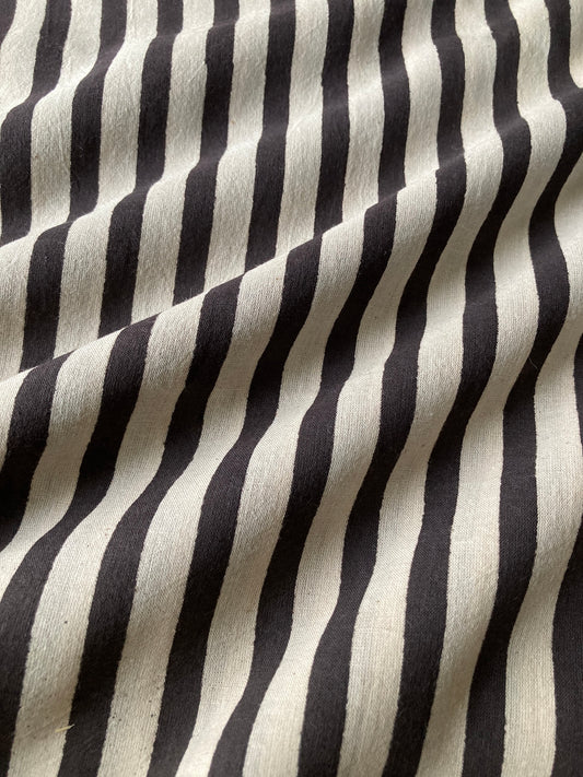 Hand Block Printed Striped Cotton Fabric Bagru Black #289-1
