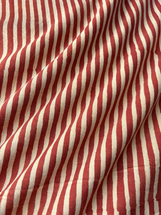 Hand Block Print Cotton Fabric Ivory x Red Stripe #345-1