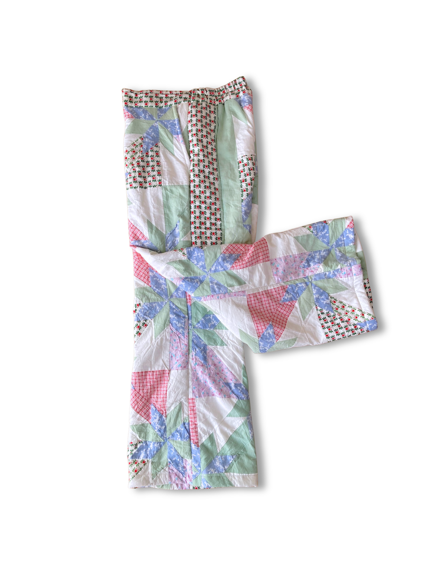 Patchwork-Style Wide Pants Made from Vintage Quilted Fabric