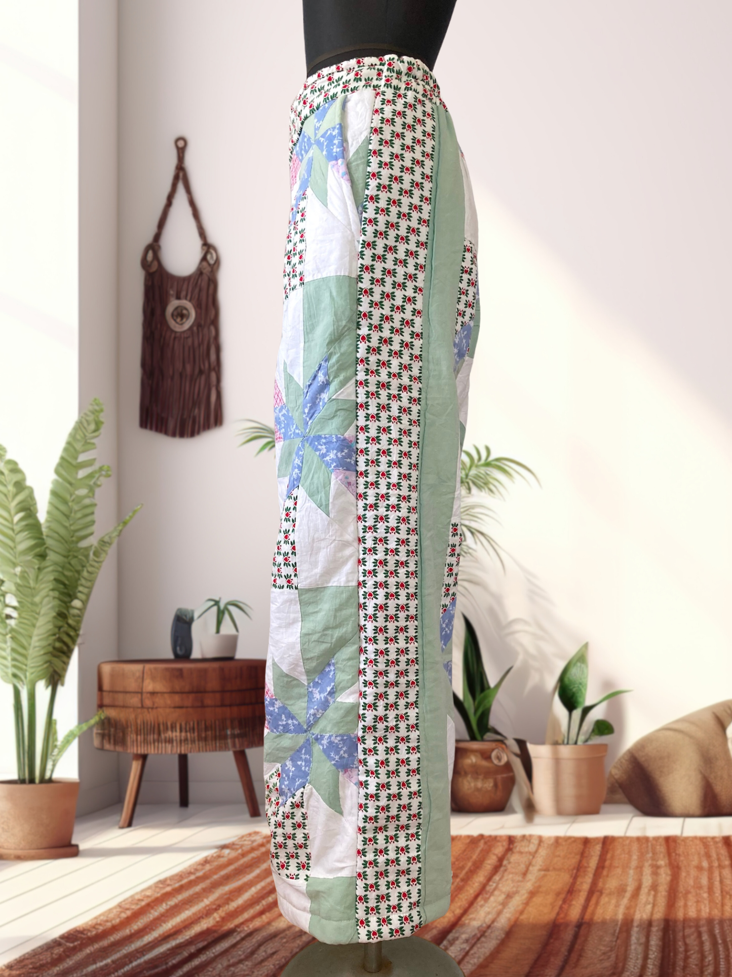 Patchwork-Style Wide Pants Made from Vintage Quilted Fabric