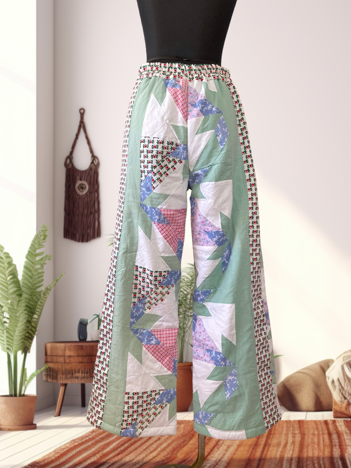 Patchwork-Style Wide Pants Made from Vintage Quilted Fabric