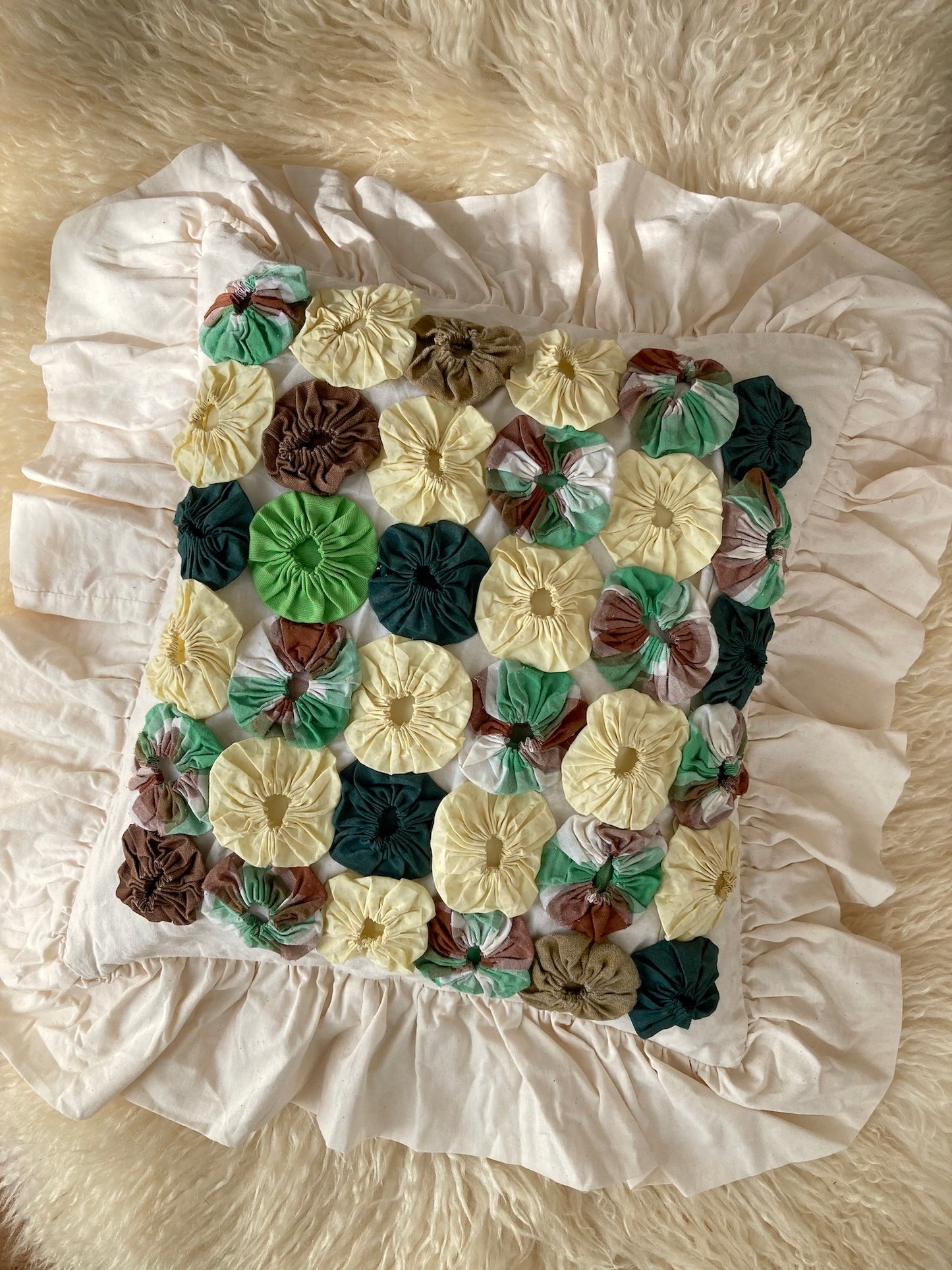 Vintage Yo Yo Quilt Cushion Cover Handmade Cotton Frill Pillow Cover 35x37cm