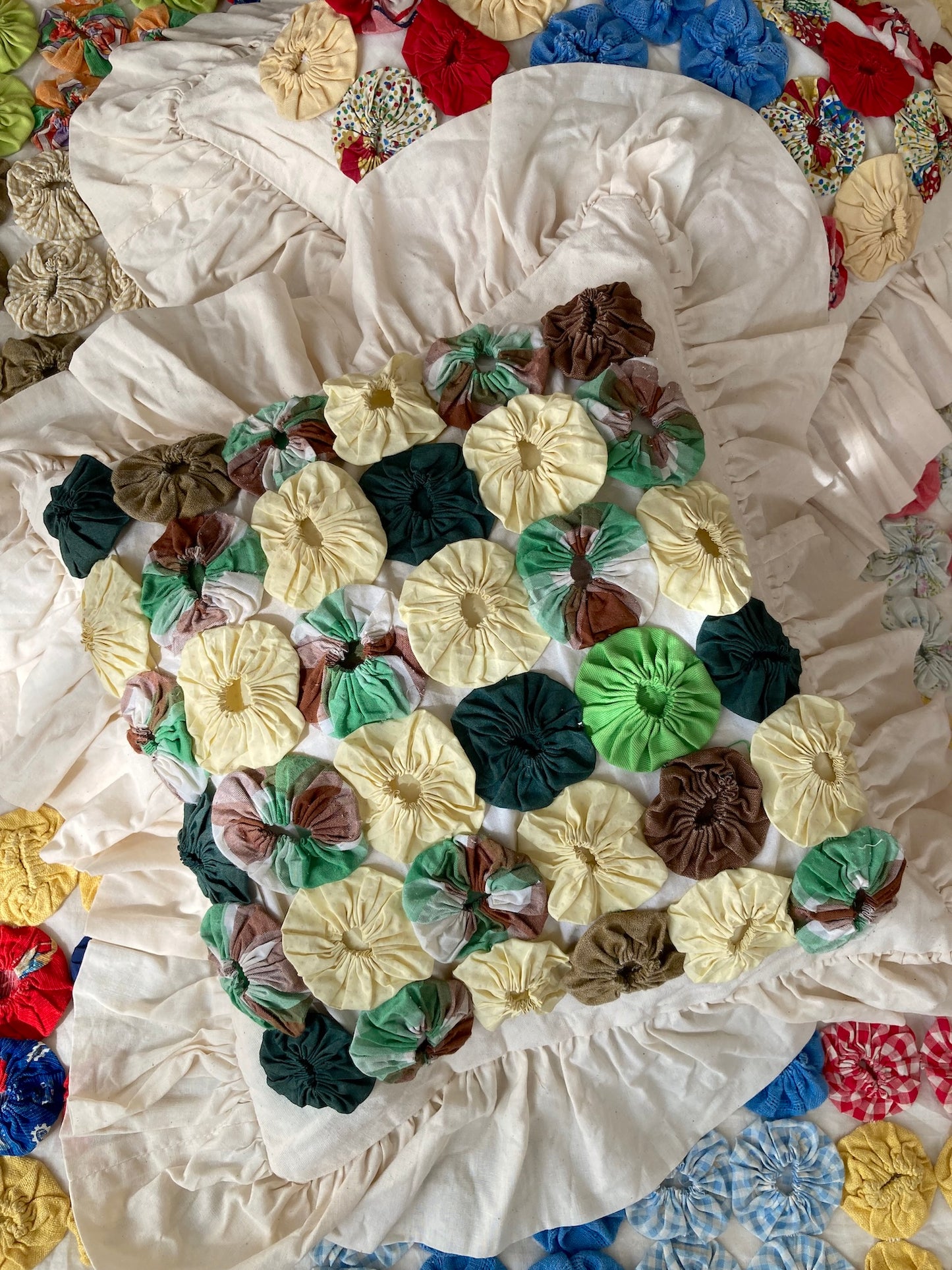 Vintage Yo Yo Quilt Cushion Cover Handmade Cotton Frill Pillow Cover 35x37cm