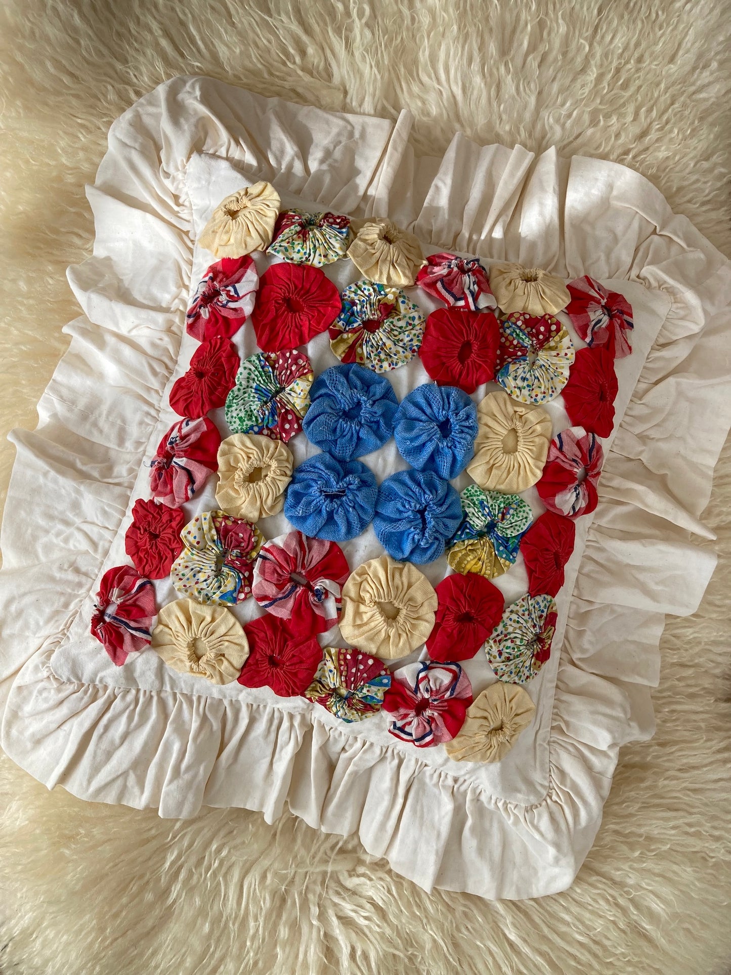 Vintage Yo Yo Quilt Cushion Cover Handmade Cotton Frill Pillow Cover 35x37cm