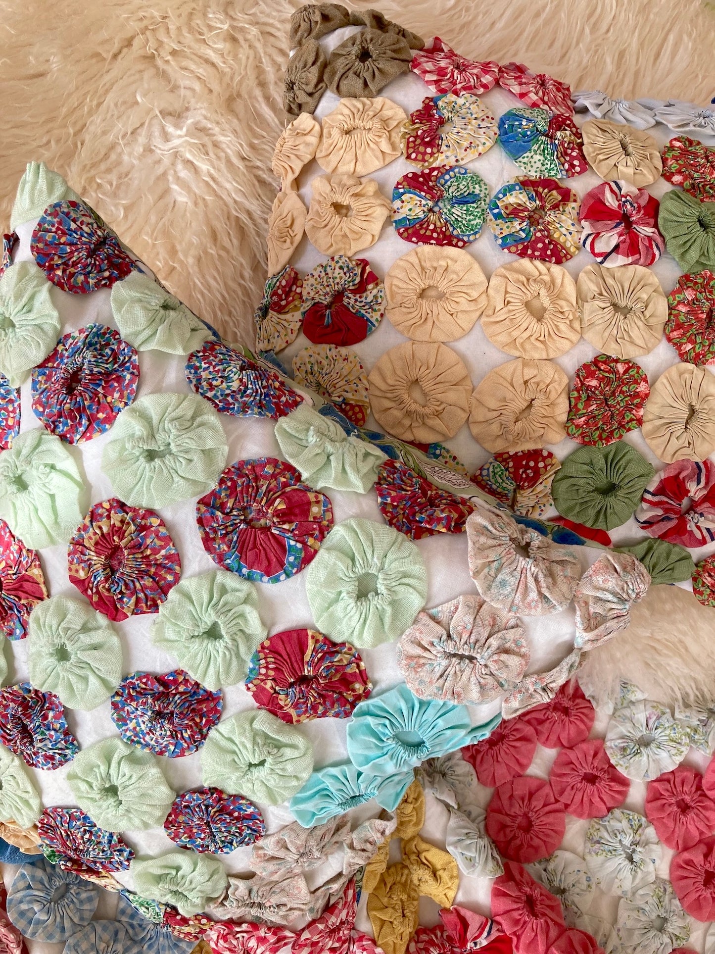 Vintage Yo Yo Quilt Cushion Cover Handmade Cotton Block Print Pillow 40x40cm