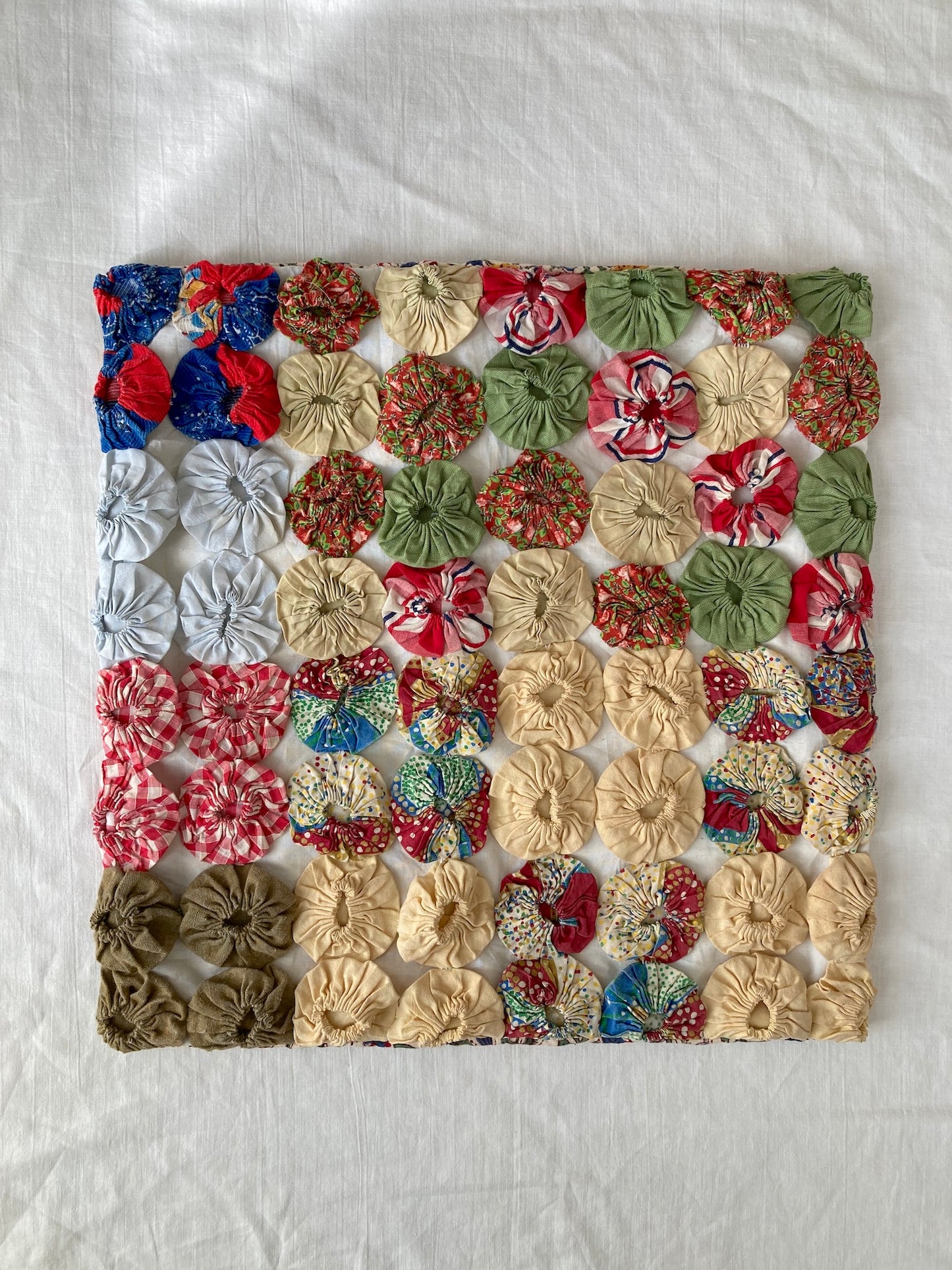 Vintage Yo Yo Quilt Cushion Cover Handmade Cotton Block Print Pillow 40x40cm