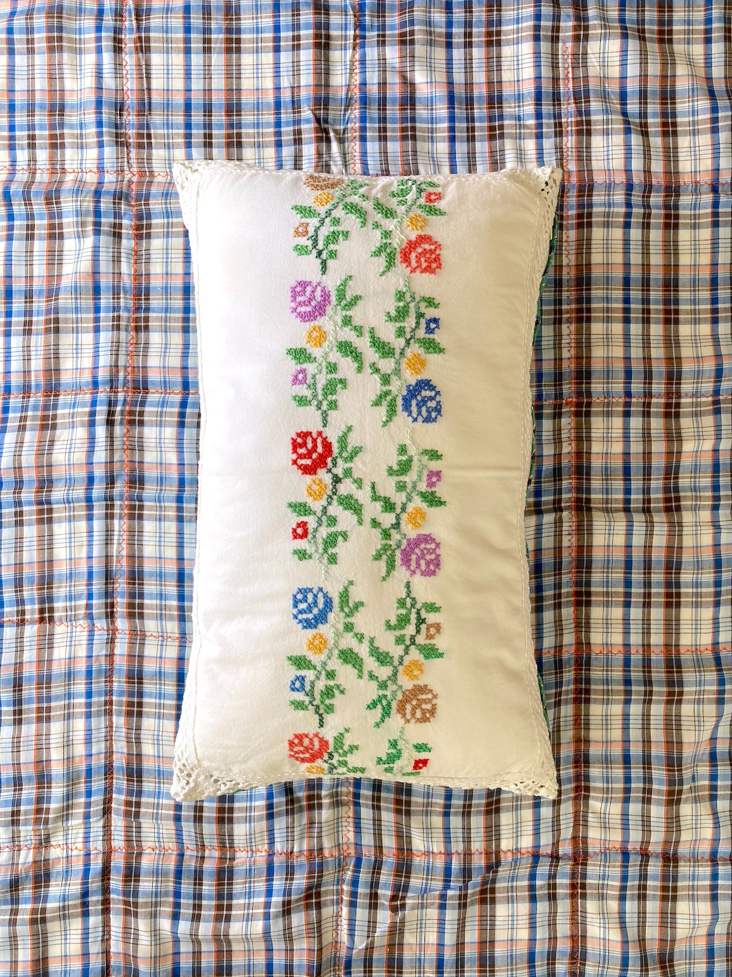 ヴィンテージ クロス刺繍 コットン長方形 クッションカバー