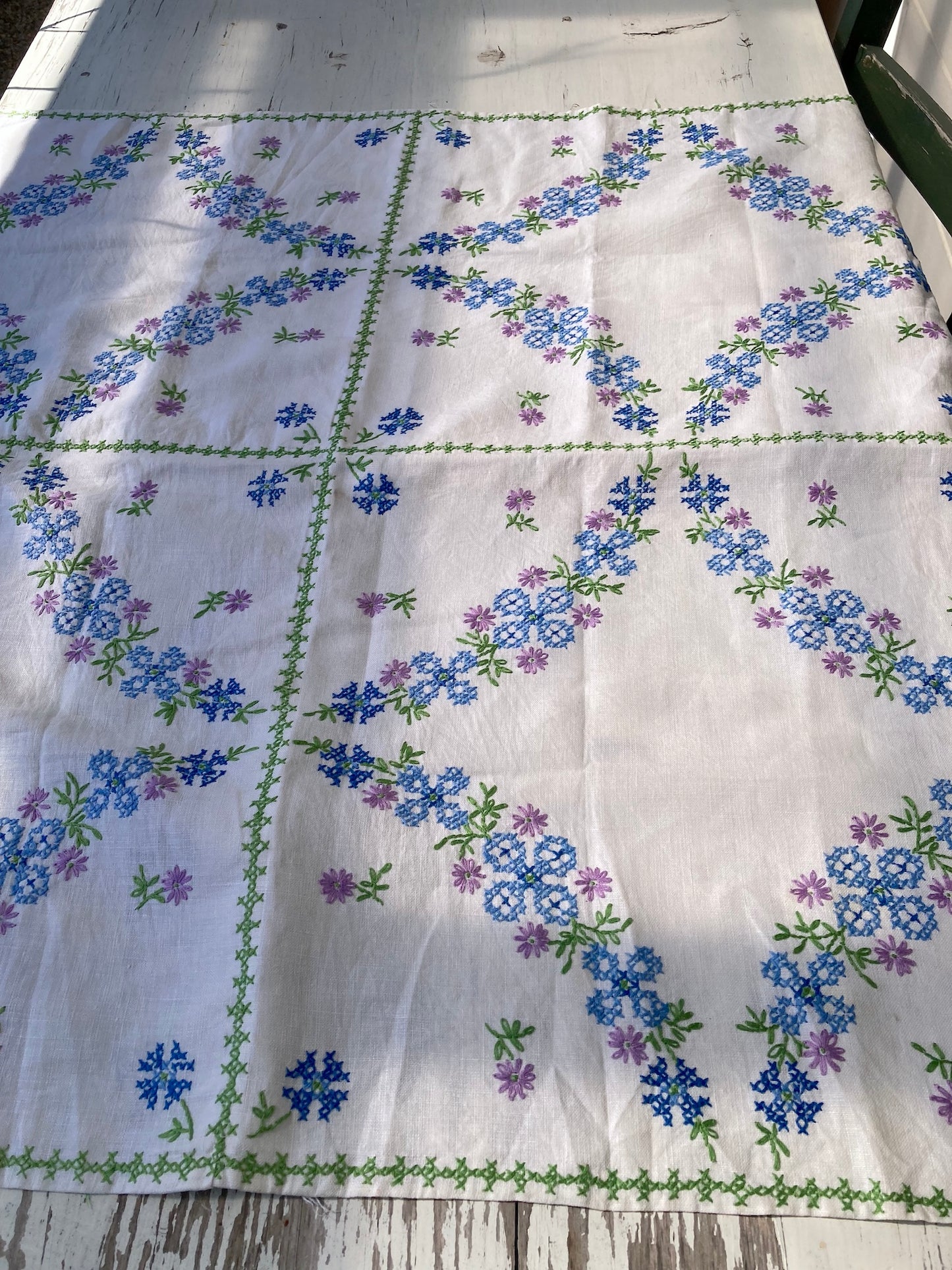 Vintage Linen Cross-Stitch Square Multi-Cloth | Hand-Embroidered Natural Linen