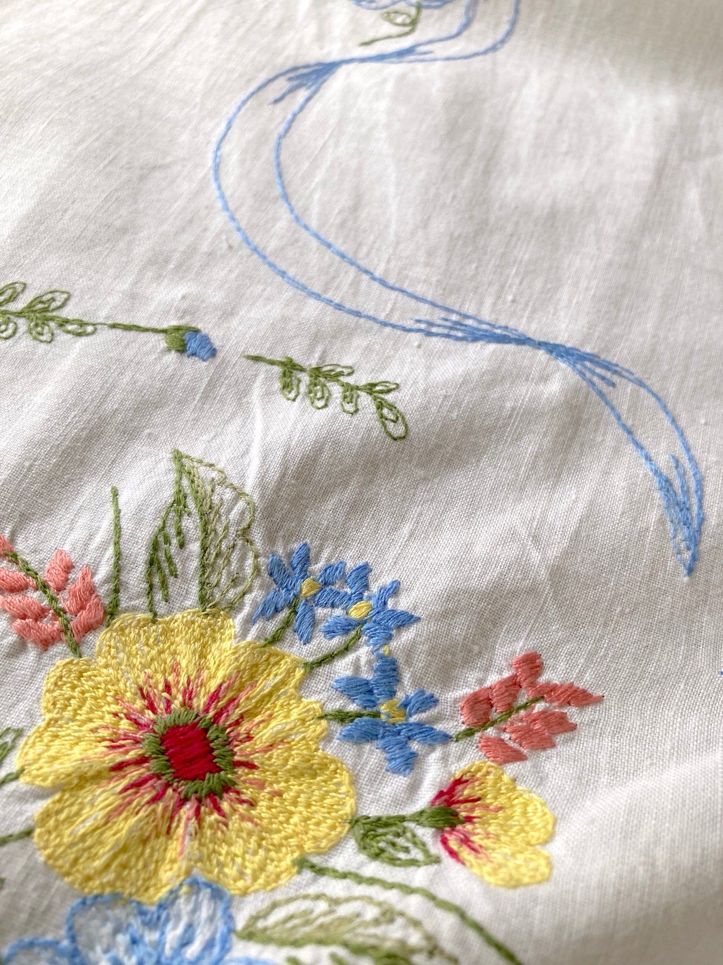 ヴィンテージ ホワイト コットン お花ブーケ刺繍 テーブルクロス