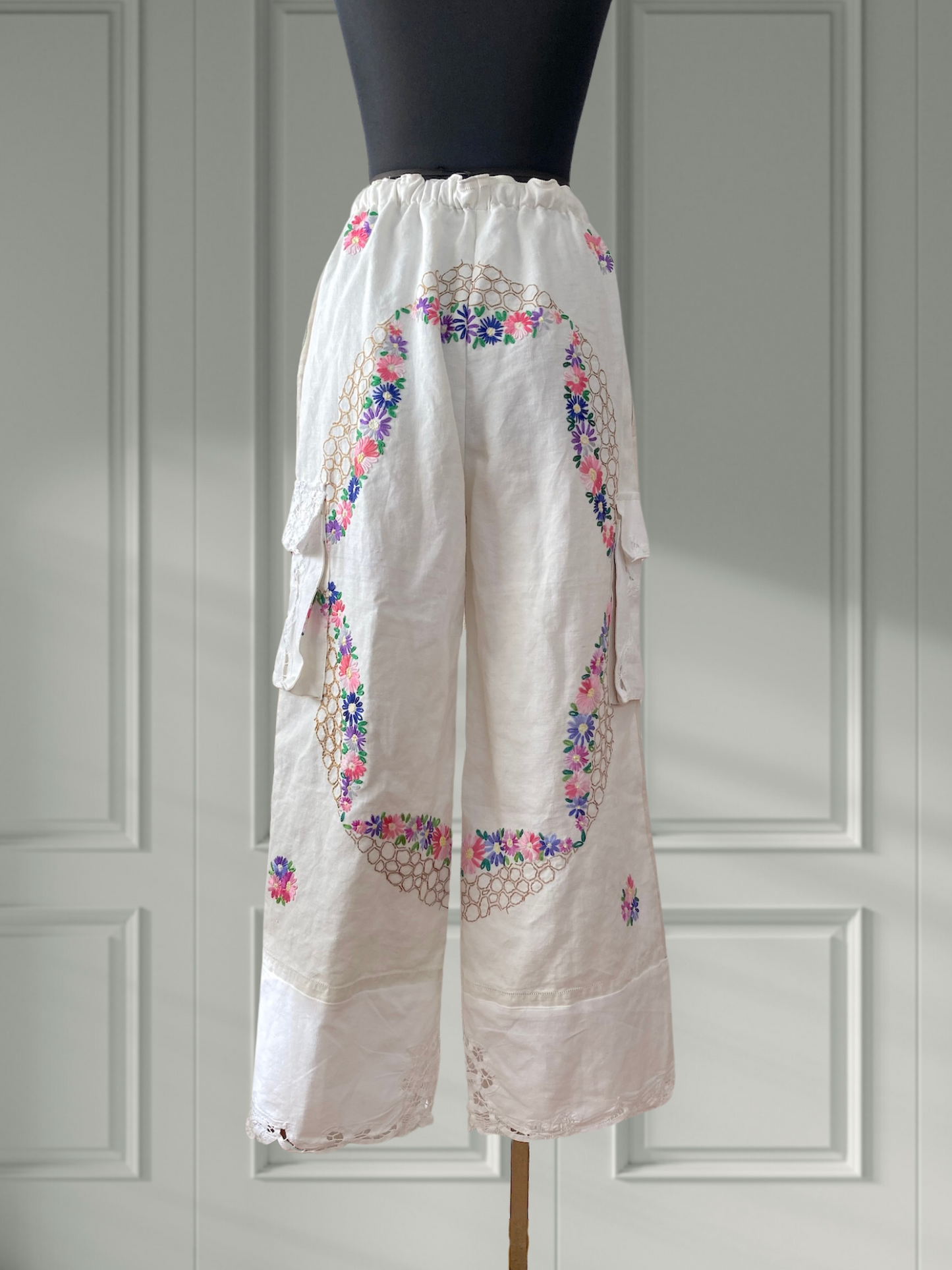 Women's Upcycled Vintage Embroidered Linen Relaxed Fit Pants