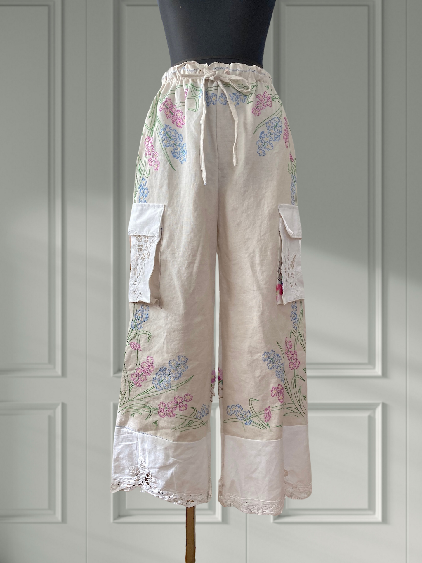 Women's Upcycled Vintage Embroidered Linen Relaxed Fit Pants