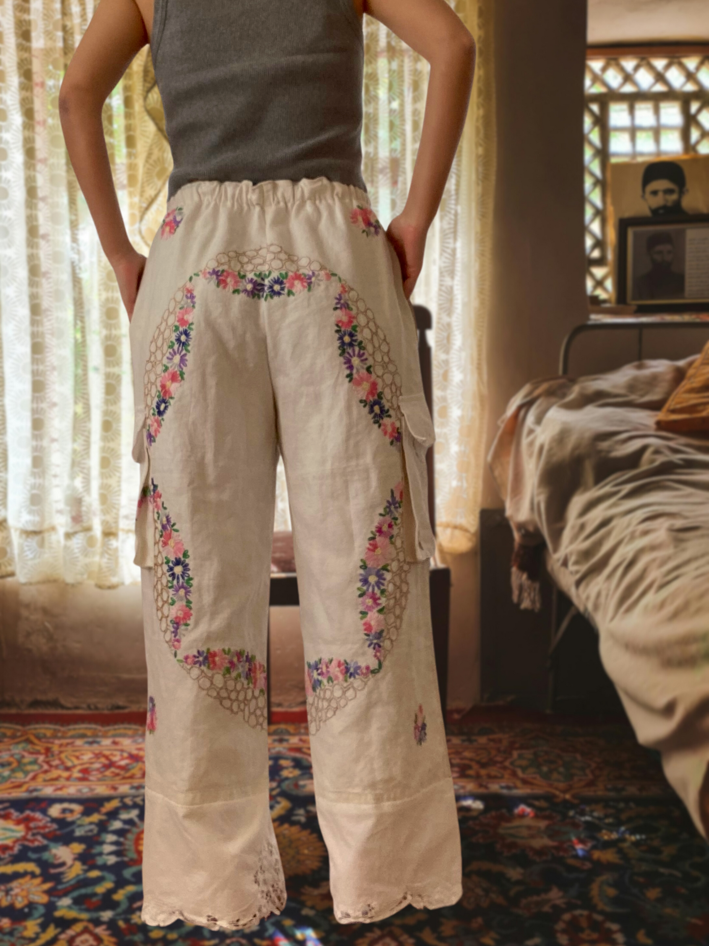 Women's Upcycled Vintage Embroidered Linen Relaxed Fit Pants