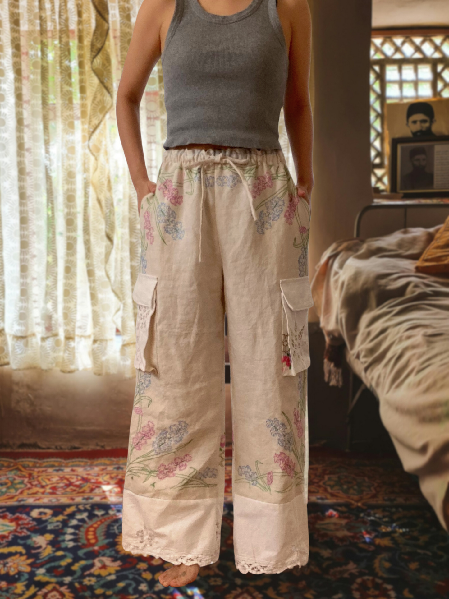 Women's Upcycled Vintage Embroidered Linen Relaxed Fit Pants