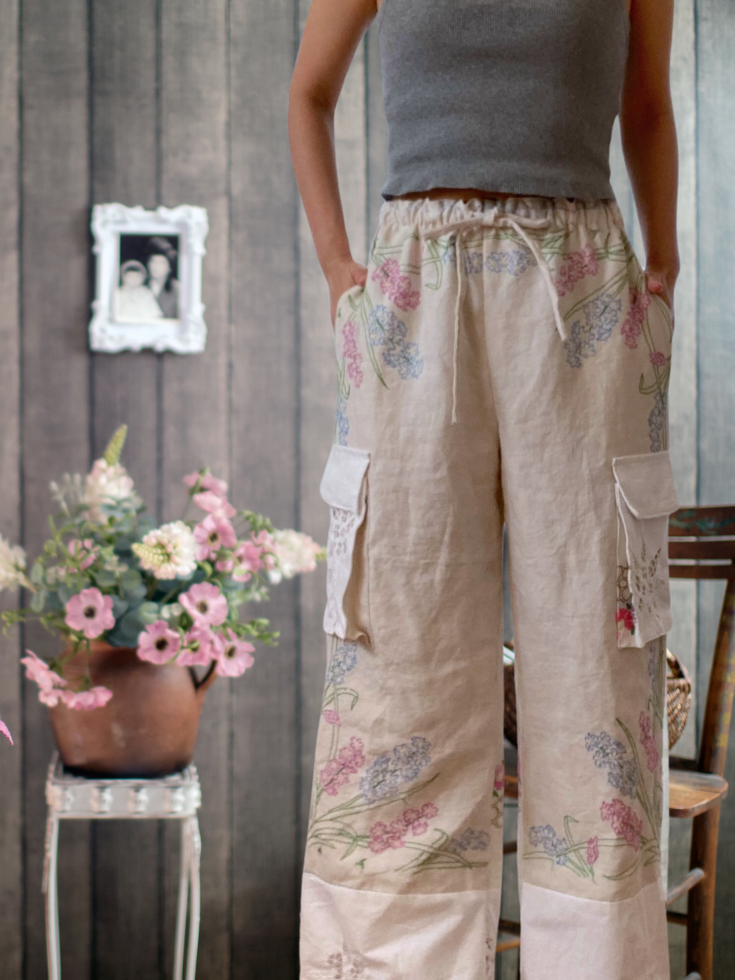 Women's Upcycled Vintage Embroidered Linen Relaxed Fit Pants