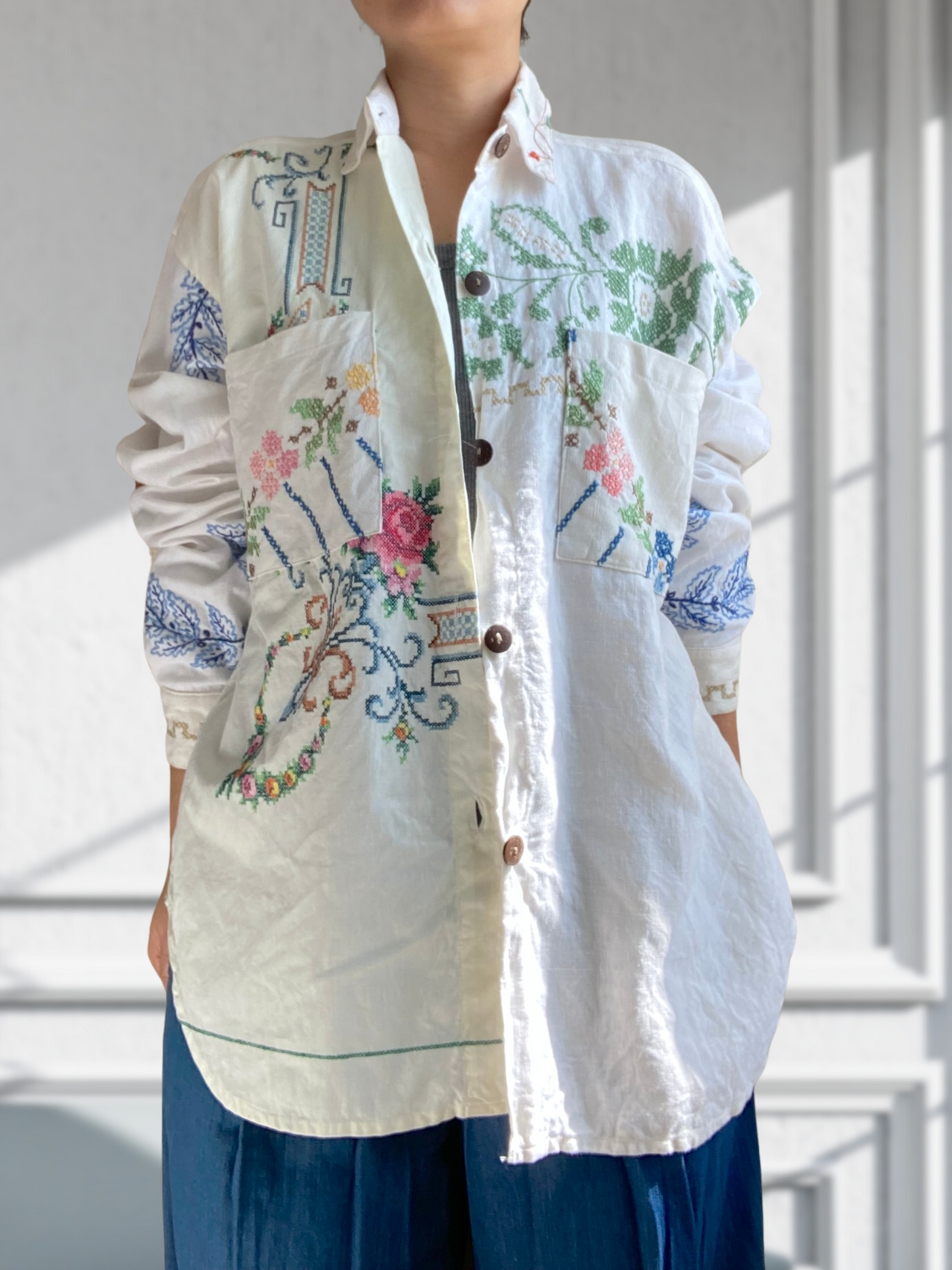 Vintage Embroidery Upcycled Button-Front Shirt - Embroidered Textile Remade
