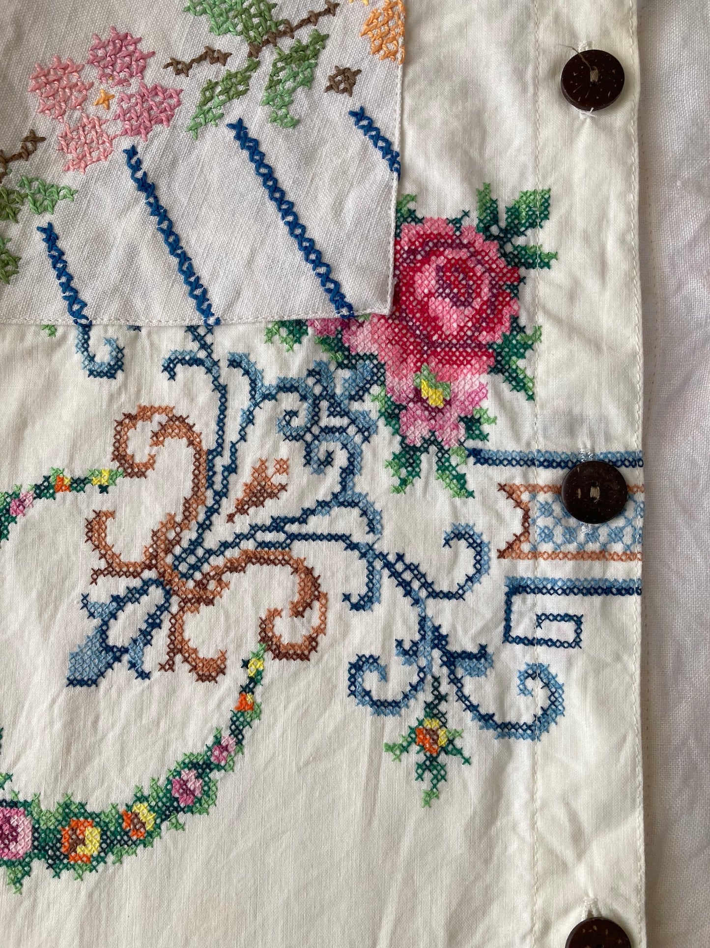 Vintage Embroidery Upcycled Button-Front Shirt - Embroidered Textile Remade