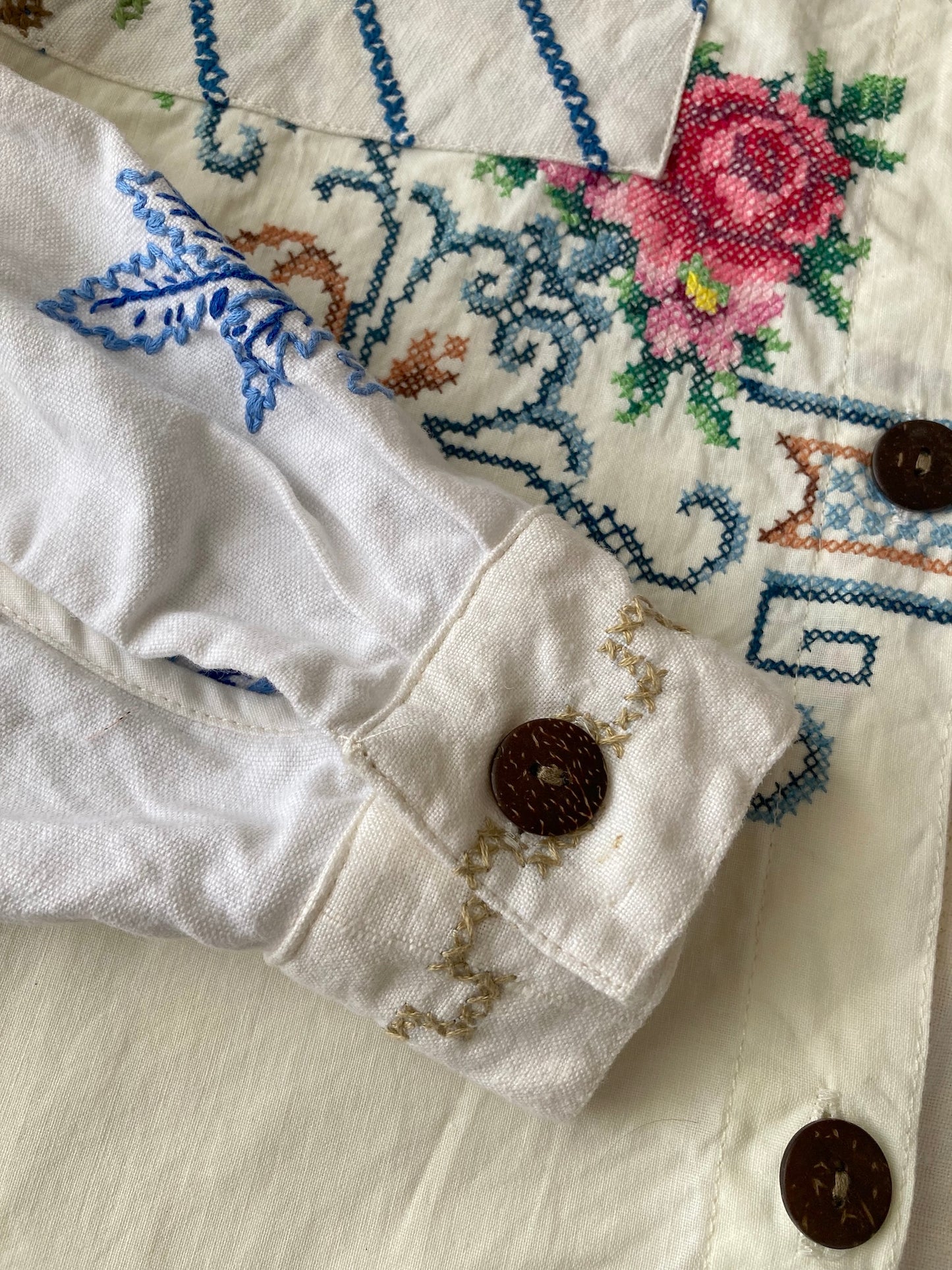 Vintage Embroidery Upcycled Button-Front Shirt - Embroidered Textile Remade