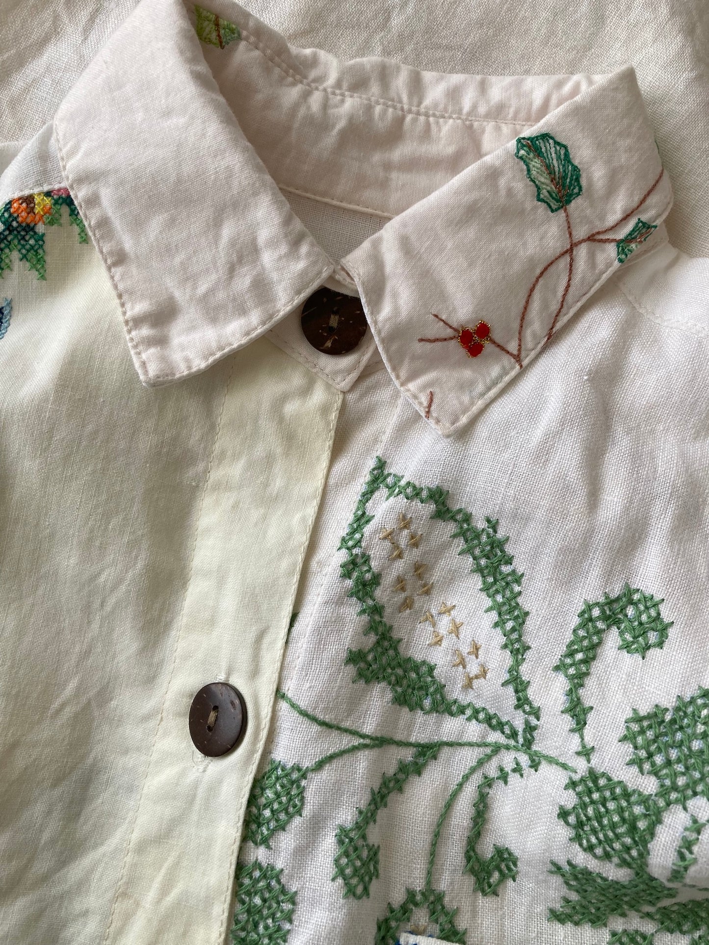 Vintage Embroidery Upcycled Button-Front Shirt - Embroidered Textile Remade