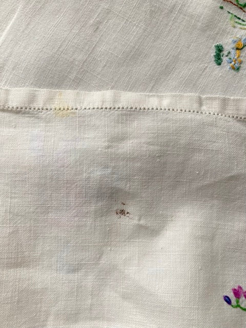 Vintage European Linen Cloth with Hand-Embroidered Wildflower Bouquets