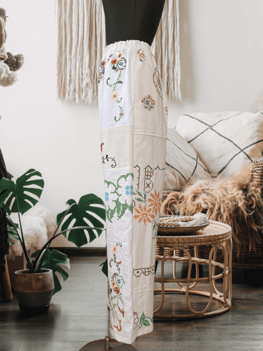 Upcycled Vintage Patchwork Embroidered Pants, One of a Kind Wide Leg Trousers