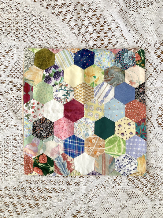 Vintage Hexagon Patchwork Cushion Cover, 14.5" x 15" Hand-Stitched Pillow Case with Wooden Buttons