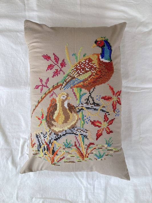 Vintage Country Cottage Pheasant Embroidered Pillow Cover Large Colorful Bird & Botanical Cross Stitch