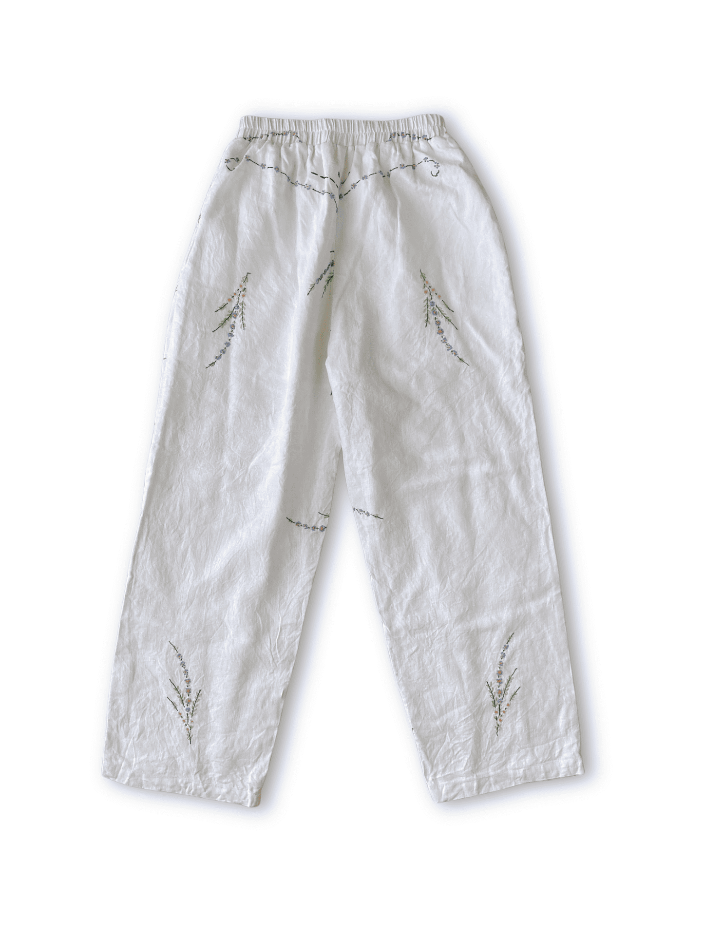 Upcycled Vintage Wildflower Embroidered Linen Pants, Wide Leg Trousers, Ivory Boho Style