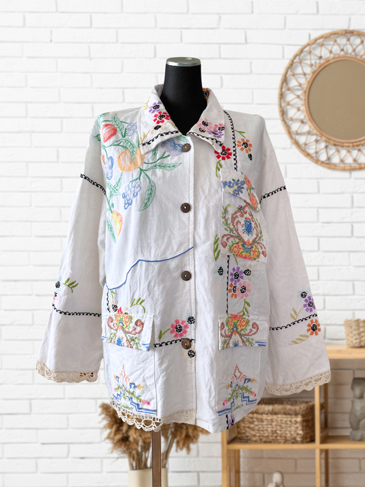 ヴィンテージ クロス刺繍 アップサイクル ボタンジャケット 刺繍クロス リメイク