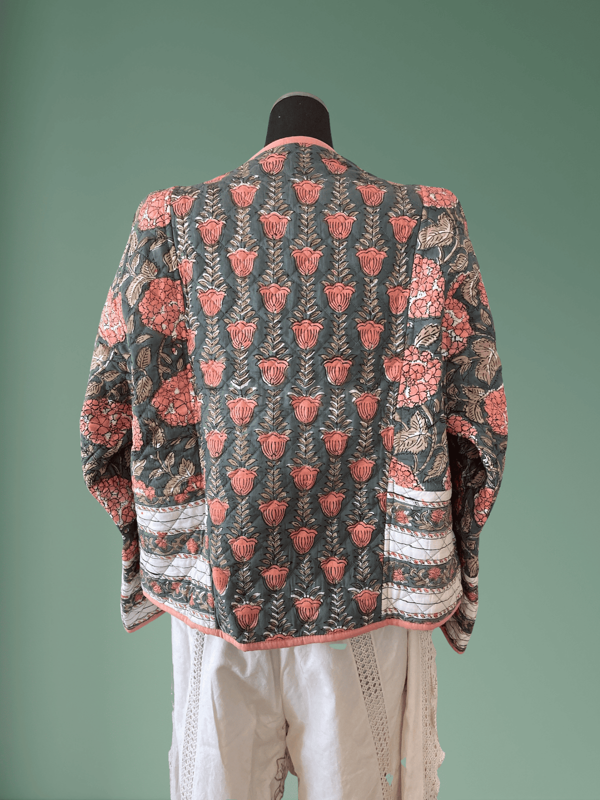 Reversible Hand Block Print Quilted Jacket / Pink x Gray